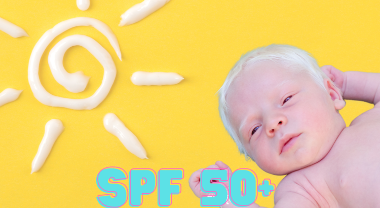 neonato albino disteso con la scritta SPF 50+