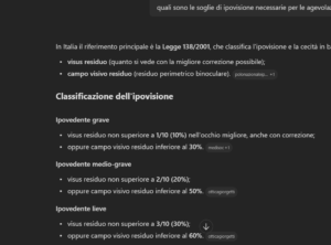 screenshot su livelli di ipovisione secondo Copilot livelli di ipovisione