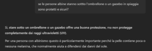 screenshot di gemini su una domanda su albinismo e ombrellone