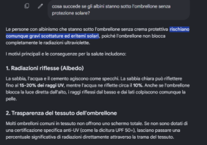 risposta di Copilot su una domanda su albinsimo e ombrellone cosa succede ad un albino sotto l'ombrellone?
