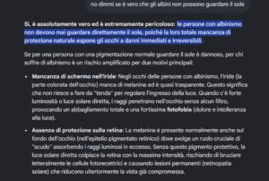 screenshot di una rispsosta di Copilot su albinismo e fissare il sole albinismo e fissare il sole