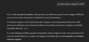 screenshot della risposta di copilot su albinismo e visione notturna visione notturna nell'albinismo