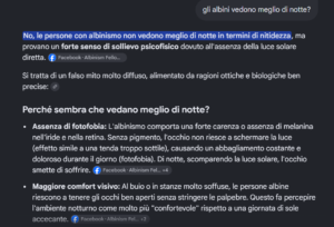 screenshot di una risposta di gemini su albinismo e visione notturna visione notturna albinismo